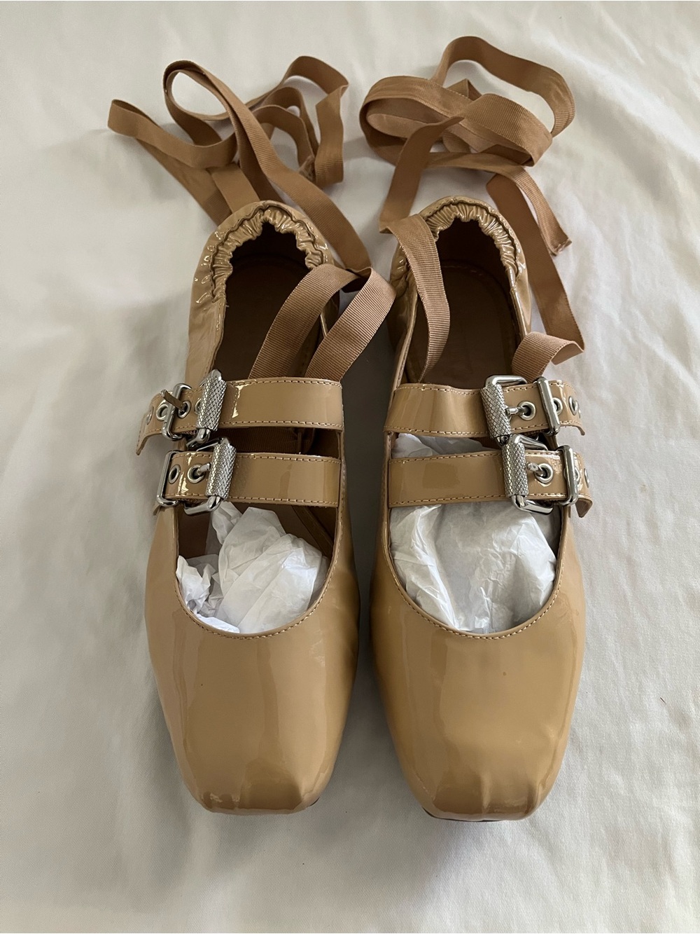 Schutz Raika Nude Patent Leather Lace-Up Mary Jane Ballet Flats Buckle Shoes 8.5